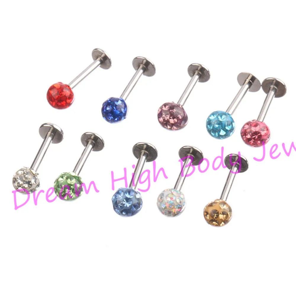

HENGKE Jewelry Crystal Gem Labret TragusLip Ring Stud Bar Body Piercing 4mm ball Shambhala Resin 16Gauge 6mm 100pcs /lot