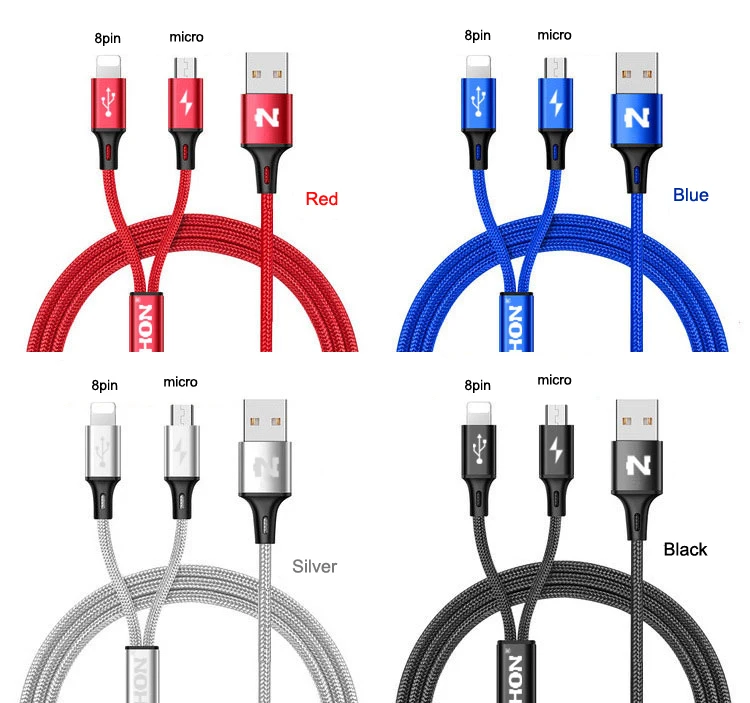 NOHON 2 в 1 USB кабель Micro 8Pin USB быстрая зарядка кабели для iPhone 8X7 6 6S Plus iPad iPod samsung Nokia нейлоновый провод