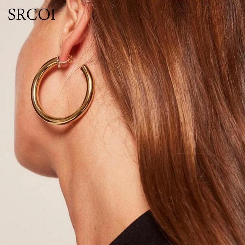 SRCOI большие круглые металлические серьги кольца золотого цвета сережки Huggie хип