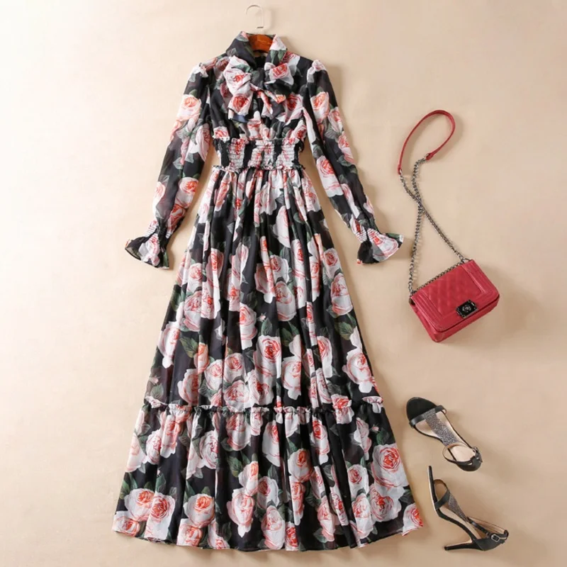 2020 spring summer long sleeve floral print chiffon elegant holiday o-neck waist elastic new arrival exquisite ladies dress | Женская