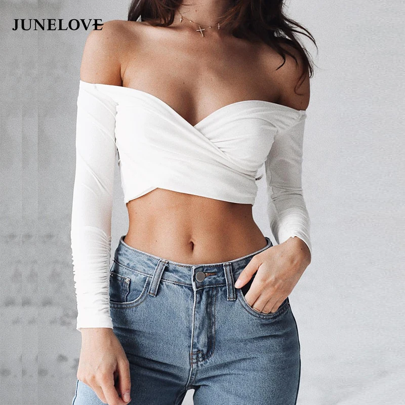 JuneLove 2019 весенние сексуальные облегающие футболки с воротником лодочкой Клубные