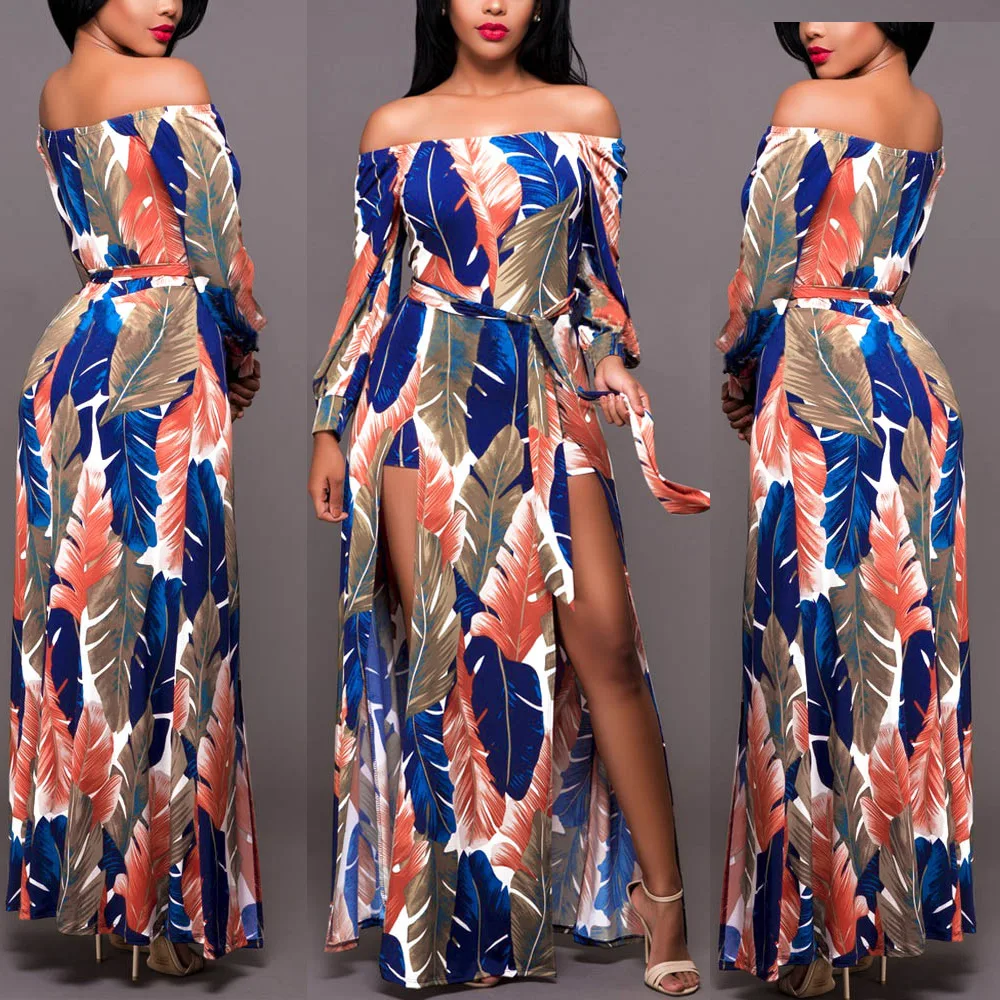Nuojin лист печатных dress женщины чешские длинным рукавом весна лето платья сплит