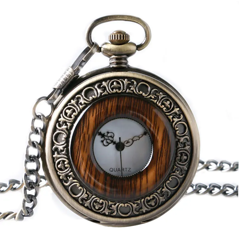 

Imitation Wood Necklace for Men Women Elders Seniors Gifts Watches Vintage Retro Quartz Pocket Watch Pendant with Short Chain