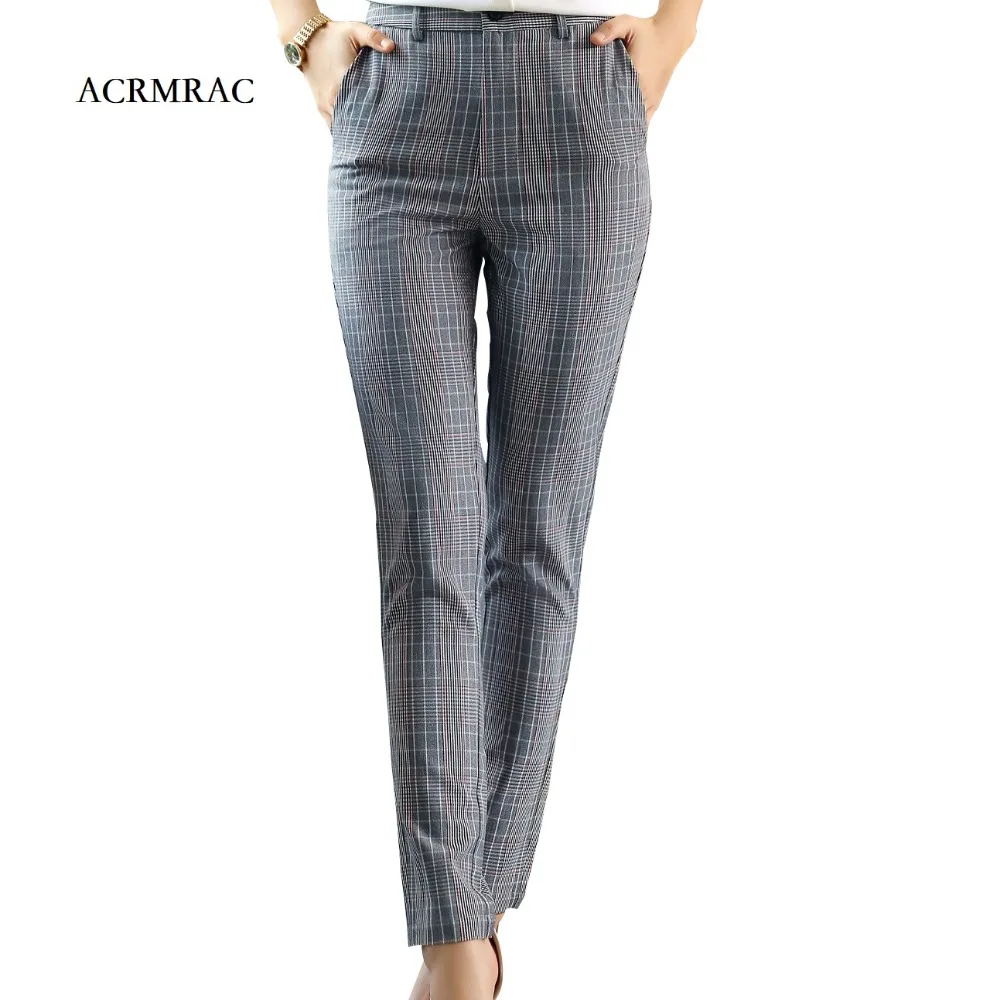 

ACRMRAC Women pants Slim Plaid OL Formal Business Ankle-Length Pants Suit pants Women