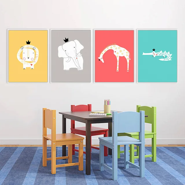 

Minimalist Cartoon Animals Crocodile Elephant Lion Giraffe A4 Art Print Poster Wall Picture Canvas Painting Kids Room Home Decor