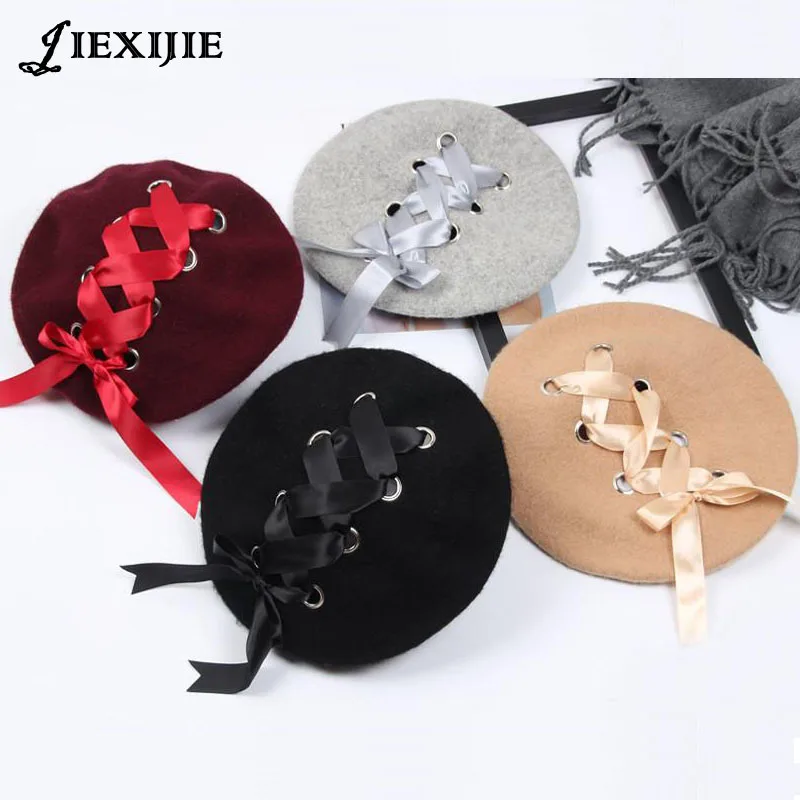 

Japanese Sweet Cute women's hats Berets Female Soft Ribbon Wool Lolita Beret Vintage Straps Cross Bow Berets winter painter hat