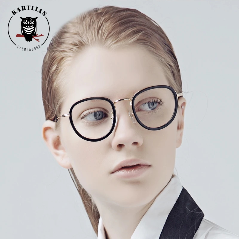 Kartlian оптический Рамки очки круглые Glasse объектив линзами сплава ацетат ретро