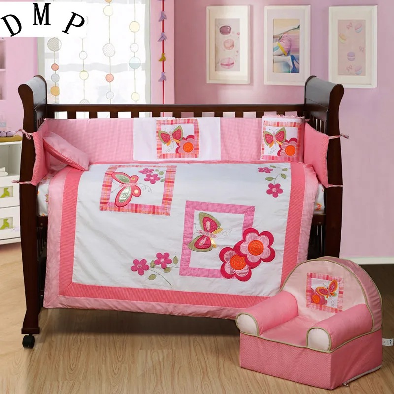 

7PCS Embroidery pink bed set Cot set cama infantil baby girls&boy crib bedding set,(4bumper+duvet+sheet+pillow)