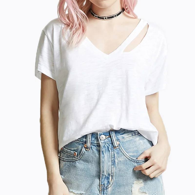 Новый 100% Хлопок Футболки Женщины С Коротким Рукавом Рубашки V образным Вырезом Причинно белый Майка Топы для
