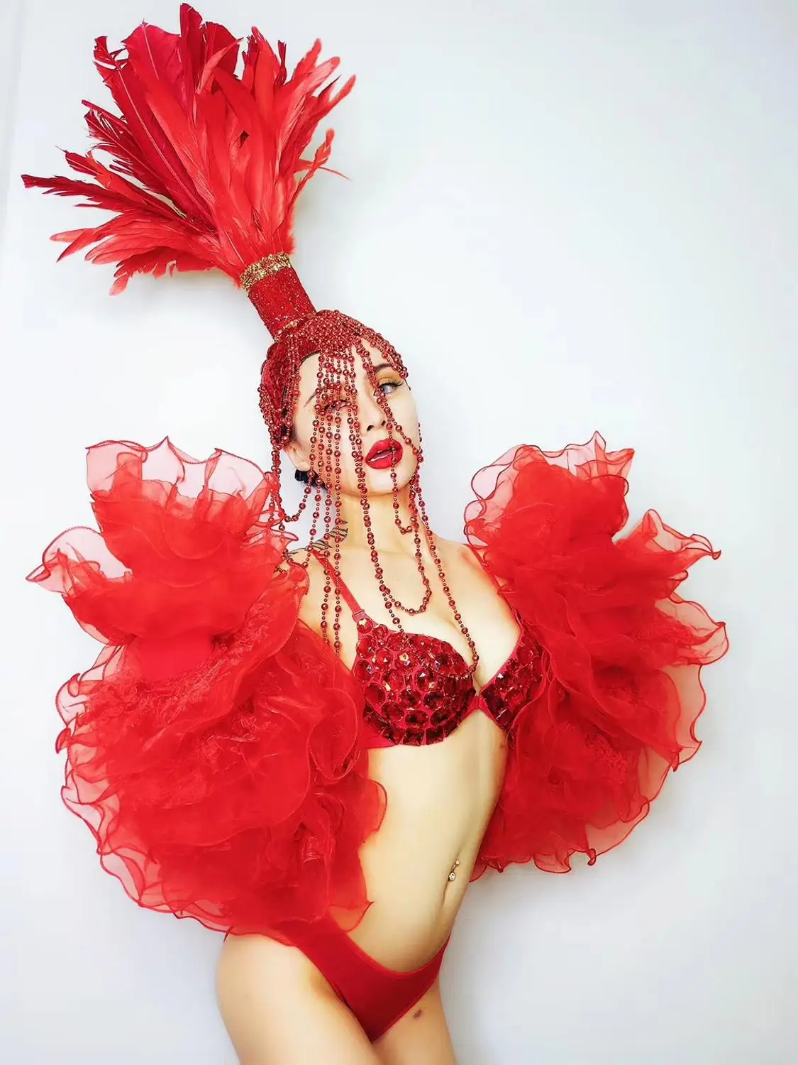 Красный Бисер Перья головной убор стразы бикини шаль танцевальные наряды