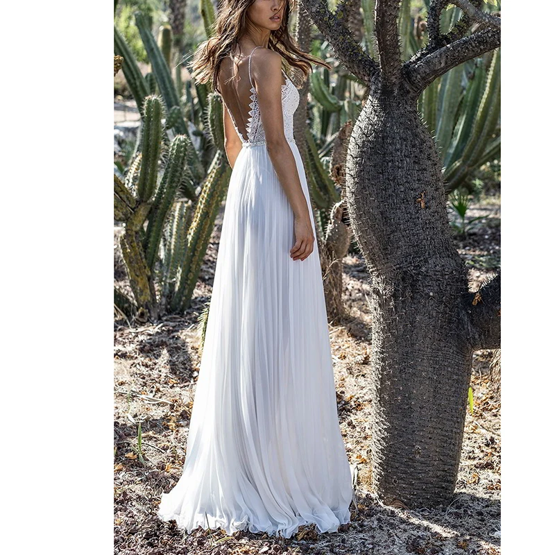 Ordifree Лето Boho женское белое кружевное шифоновое платье Макси длиной до пола соблазнительное длинное с открытой спинкой пляжное платье-туника