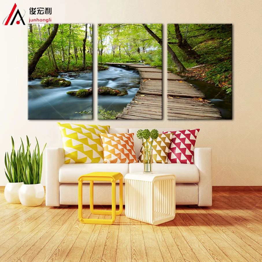 3 панели для гостиной деревянный мост залив лесной пейзаж холст печать украшение