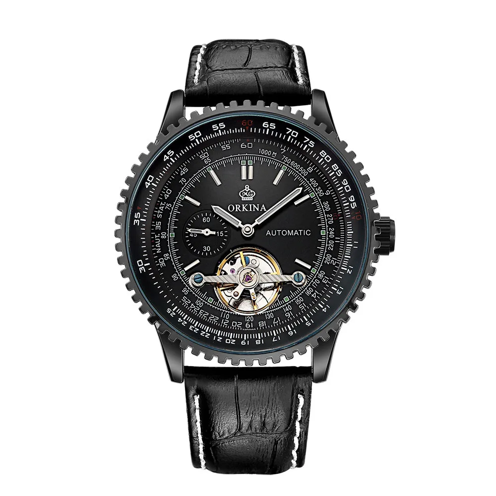 Orkina Tourbillon механические часы для мужчин s Автоматический самовзводные прозрачные светящиеся большие 51 мм Мужские кожаные Наручные часы