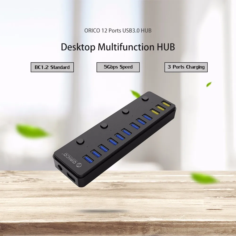 ORICO 12 портов USB 3,0 концентратор с 12 В 5A адаптер питания мульти usb hub-разветвитель с 3 портами BC1.2 USB зарядка для ноутбука ПК телефон