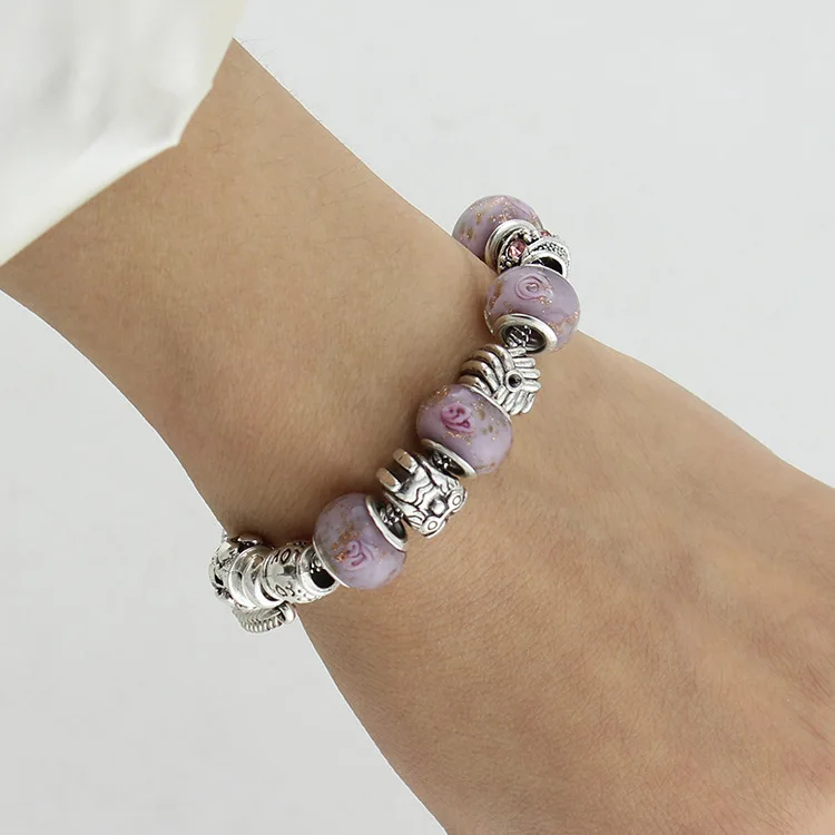 Европейский Винтажный Браслет с фиолетовыми стеклянными бусинами в виде совы