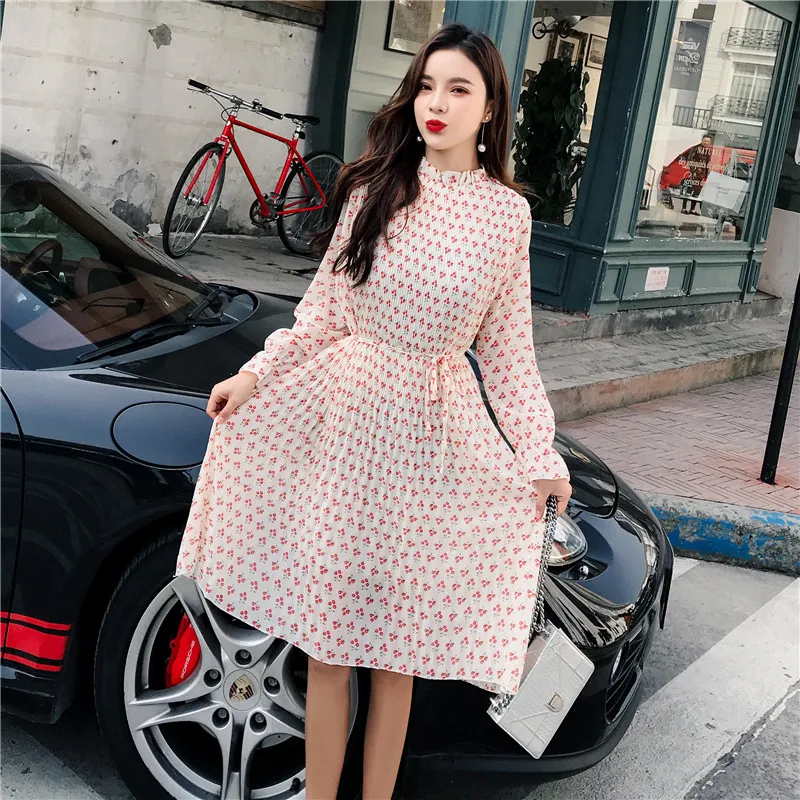 Женское шифоновое платье с длинным рукавом летнее Плиссированное Платье принтом