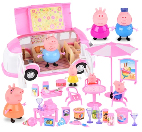RV And Family 6 Pcs Оригинальная Свинка Пеппа мобильный медицинский центр классная сцена Фигурки игрушки Пеппа Джордж стол стул сумка для хранения детская игрушка подарок - Цвет: RV And Family 6 Pcs