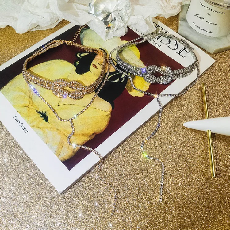 Серебряный Цвет кнопка Полный Чокер-подвеска со стразами для женщин Bijoux Длинные