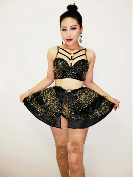

Women Black Shining Crystals Top Pants Set Sexy Female Costumes Original Costume For Party Singer Dancer DJ DS Show Nightclub