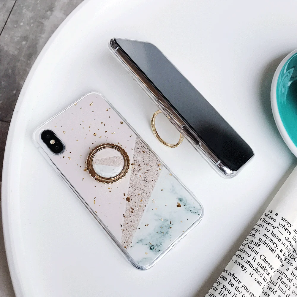 8 Геометрический мраморный чехол для IPhone X XS Max, блестящий золотой фольги, чехол для IPhone 8 7 6s Plus, TPU, задняя крышка, металлический палец, кольцо, держатель, чехол - Цвет: 8