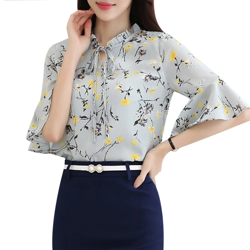 2017FUNOC одежда шифоновая блузка для женщин с рюшами рукава рубашки на шнуровке