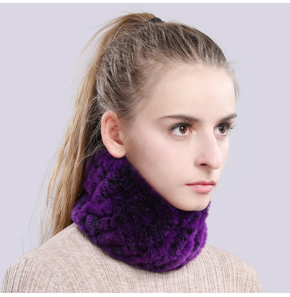 Women Real Fur Handmade Stretch Fur Scarf Knit Genuine Rex Rabbit Fur Headbands Girls Natural Fur Ring Cowl Snood Scarves Winter