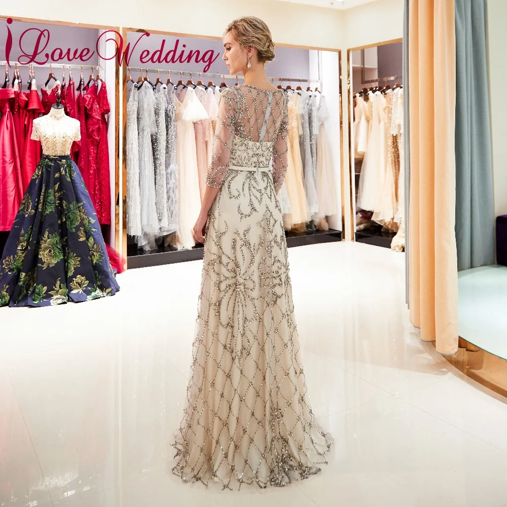 Вечерние трапециевидные платья цвета шампанского ilovebridal с длинными рукавами 3/4