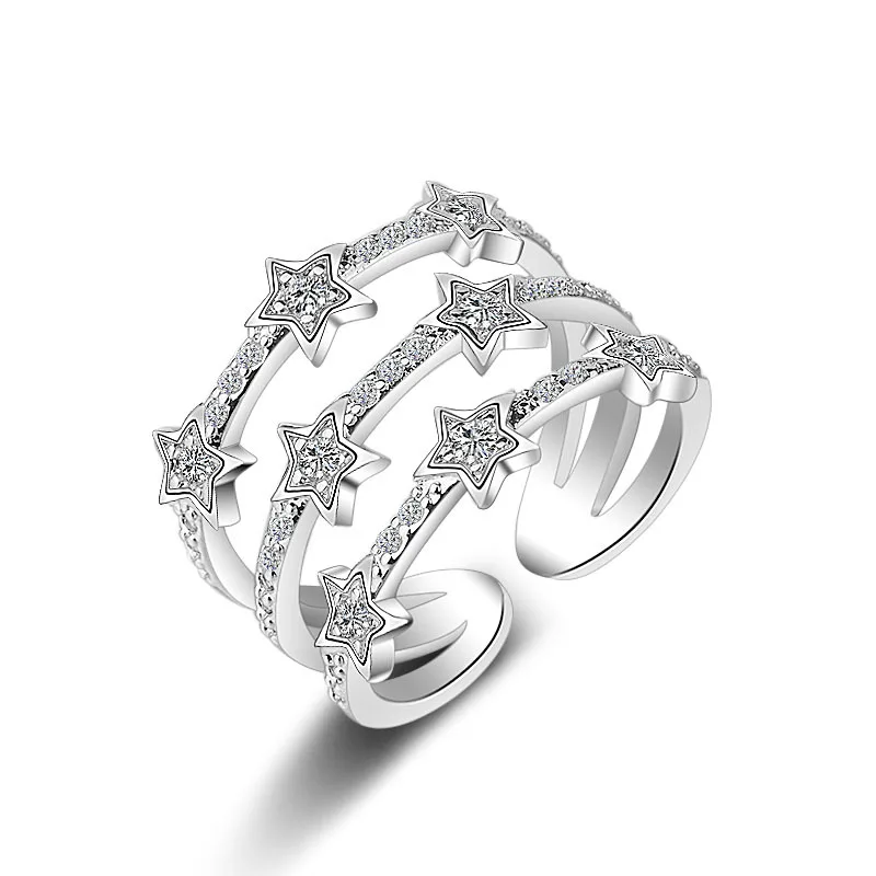 

Five Star Pattern Crystal Opening Rings Fashion Multilayer Star Silver Lady Bijoux Christmas Gift For Women Bague