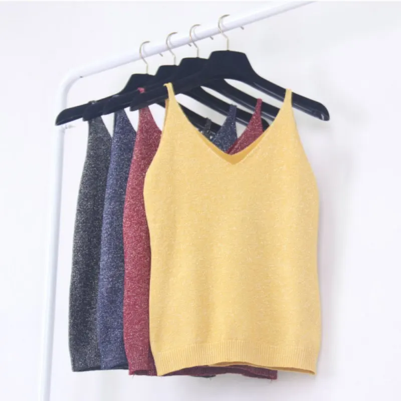

Sexy Knitted Tank Tops Women Gold Thread Top Vest Sequined V Neck Long Tank Tops Blusa Solid Silver Camis Beige Fitness Sweater