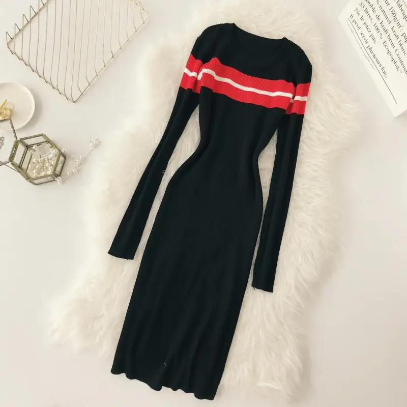 Женское трикотажное Полосатое платье Amolapha с длинными рукавами вязаные