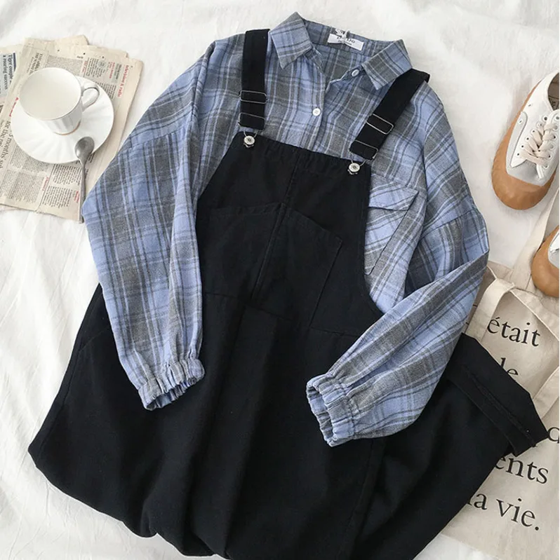 blue set Harajuku повседневный комбинезон, женский летний комплект из двух предметов, модная Синяя Клетчатая блуза с длинным рукавом+ черные свободные длинные штаны, летний комплект - Цвет: blue set