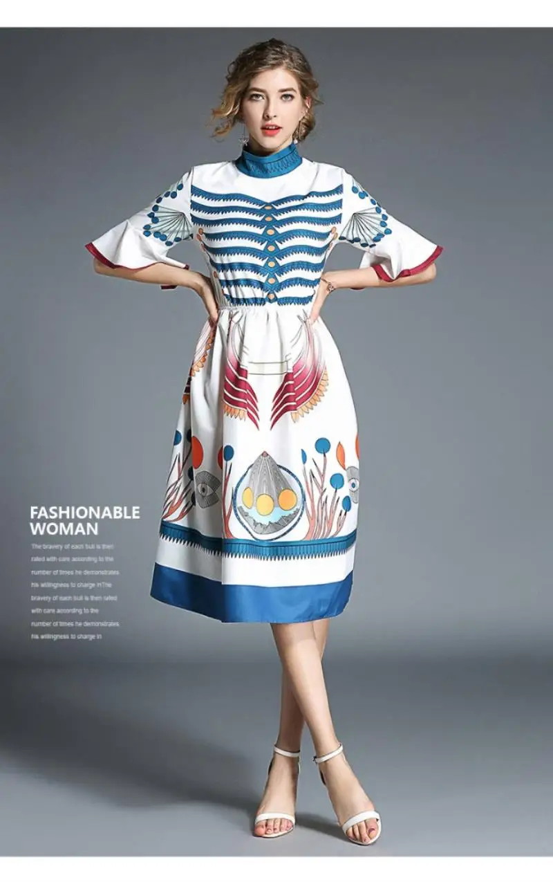 Retro Flower Print Midi Summer Dress Vestidos Playa Verano 2018 Women Party Kawaii Casuales De Mujer | Женская одежда