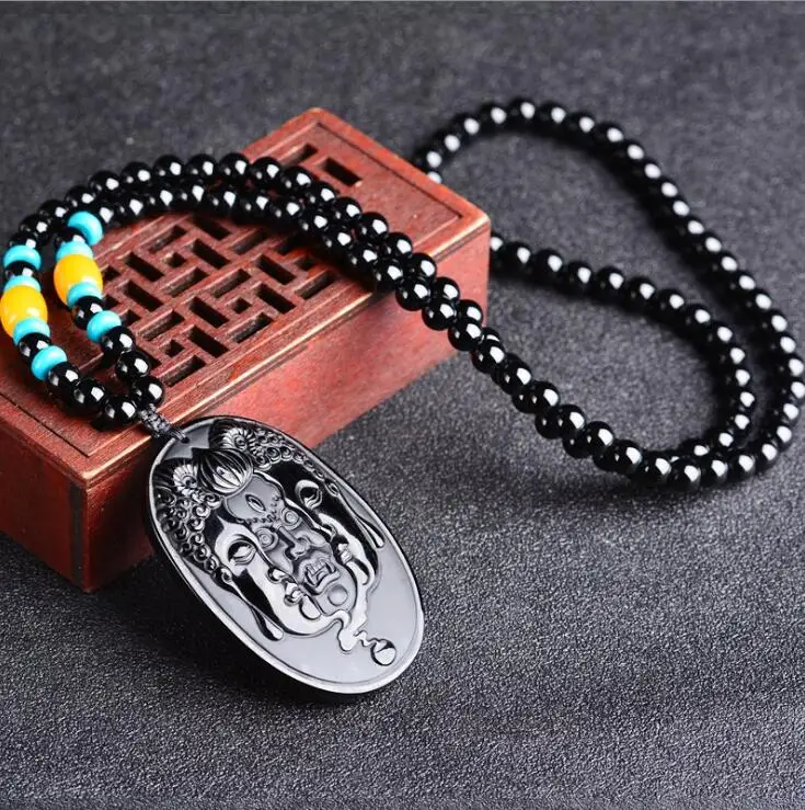 57x40mm Beautiful Natural Black Obsidian Carved Buddhism Amulet Lucky Pendant + Beads Necklace Fashion Crystal Jewelry |