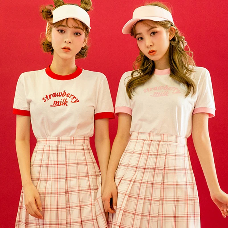 Harajuku Kawaii Клубничная футболка женская летняя японская консервативная стильная с