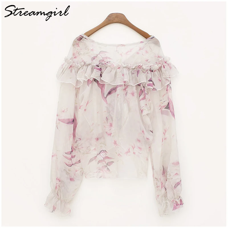 Для женщин тонкий шифон цветочные блузка с длинным рукавом оборками блузки Femininas