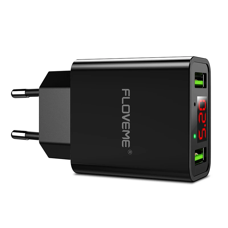 FLOVEME Smart USB зарядное устройство, двойной USB светодиодный цифровой адаптер для зарядки для iPhone, samsung, Xiaomi, EU Plug, настенное зарядное устройство для телефона - Тип штекера: Black