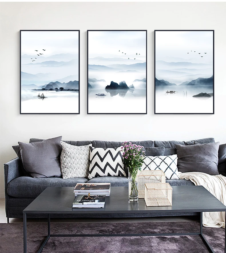 Китайский Стиль Sea n Горный пейзаж холст картина, печатный плакат простой декор настенные картины для Гостиная Спальня проход