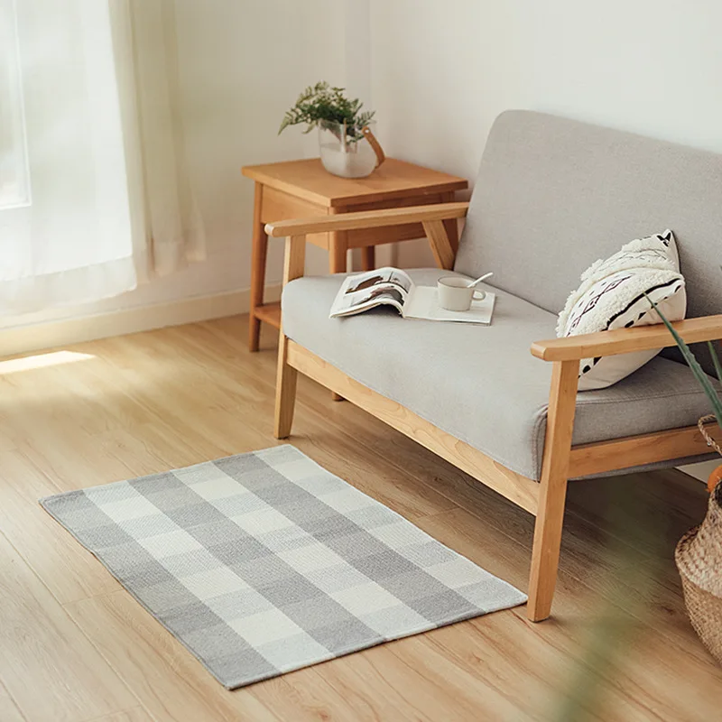

Nordic Literary Art Gray white Plaid Small Area Rug Grid Handmade Cotton Carpet Entry Door Balcony Bedroom Bedside Stripe Mat