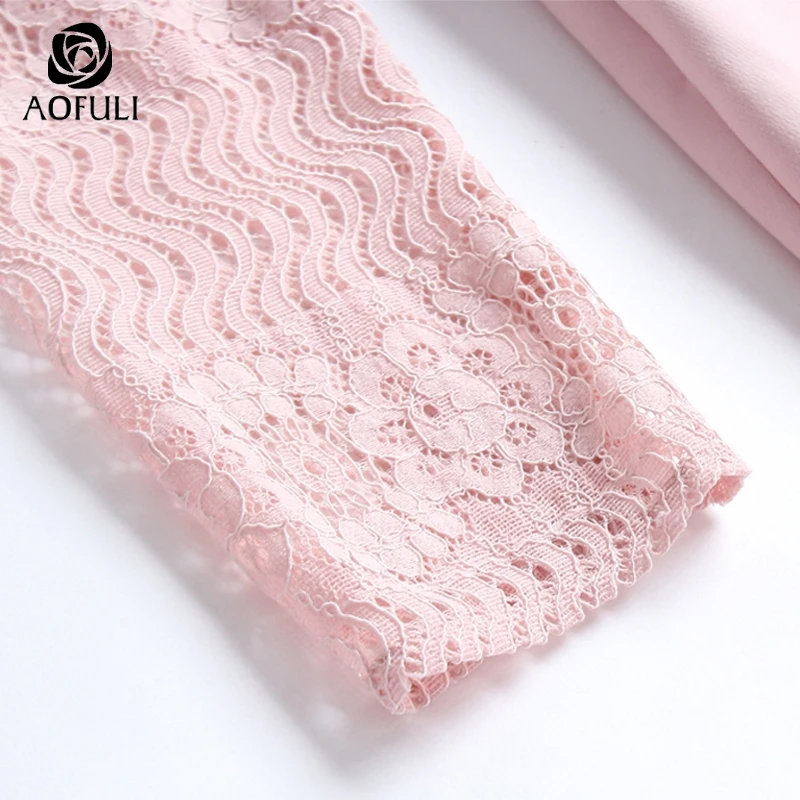 L~ XXXL 4XL 5XL Bird And Moon Beadings Women Casual Dress Big size New Autumn Lace Sleeves Pink AOFULI 9056 | Женская одежда