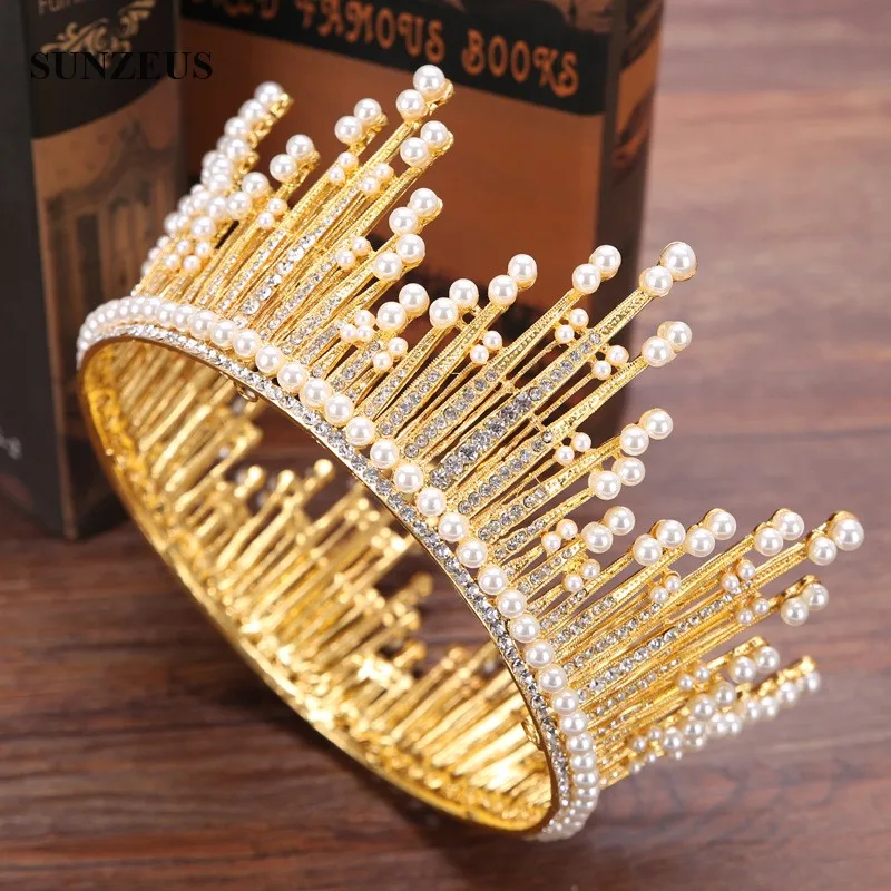 gold Головная повязка, круглая королевская диадема, корона, жемчуг, кристалл, свадебная тиара, серебро/золото, головной убор, mariage SQ0213 - Цвет: gold