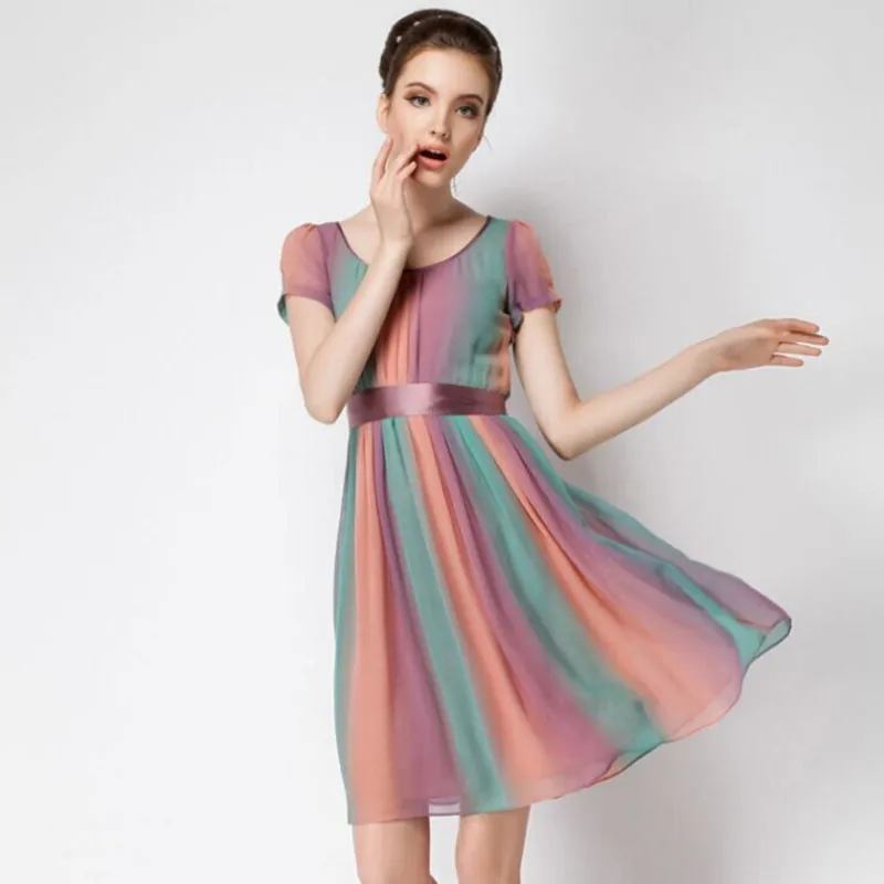 Women'S Plus Size Dress Summer Short Round Collar Color Matching Silk Women 2015 Ladies Sleeve | Женская одежда