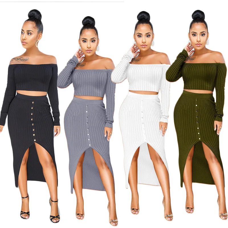 Two Piece Set Ribbed Long Sleeve Strapless Crop Top and Bodycon Skirt Dress 2 Women's Suits Outfits | Женская одежда