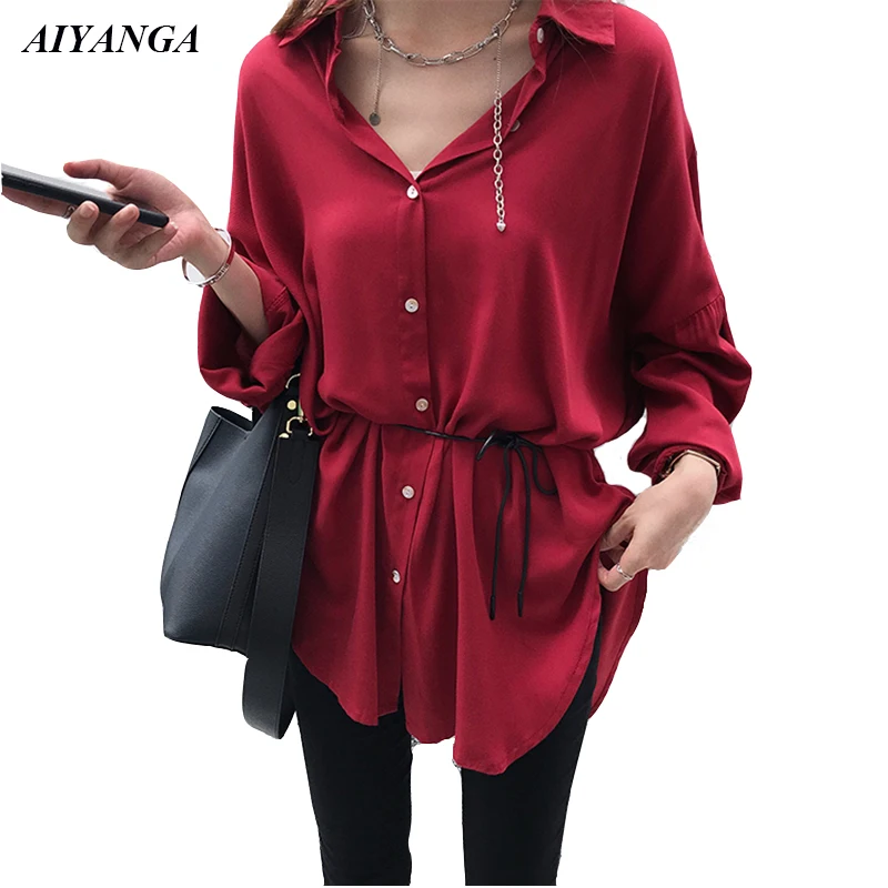 M-4XL BF Style Casual Blouses Women 2019 Spring Shirts Female OL Office Ladies Medium Long Shirt With Sashes Long Sleeve Blouse
