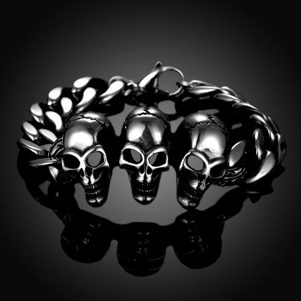 Мужская нержавеющая сталь Три черепа голова готический браслет Мода Панк звено