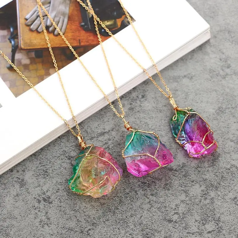 Ожерелье OTOKY Rainbow Stone Natural Crystal Rock Gold Quartz Pendant Jewelry - ожерелье с камнями радуги из натурального кристалла и золотого кварца.
