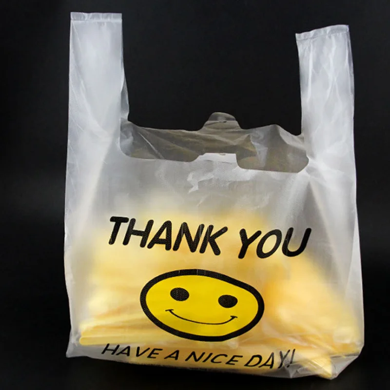 50 шт пластиковые прозрачные пакеты с ручкой Smile спасибо целлофановый Подарочный пакет для супермаркета для покупок пищевых конфет Упаковочные пакеты