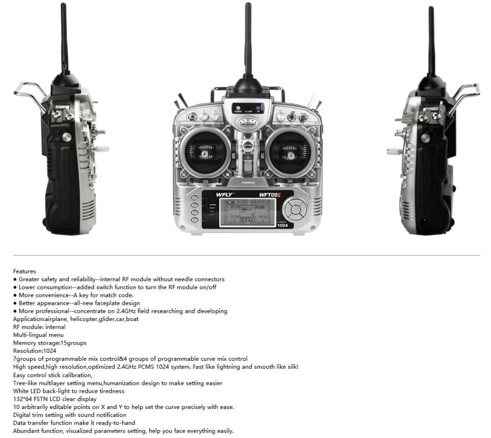 WFLY WFT09II 9,6-12,0 V 2,4G 9CH RC передатчик FPV пульт дистанционного управления PPM/PCMS1024 lcd для мультироторного вертолета автомобиля RC