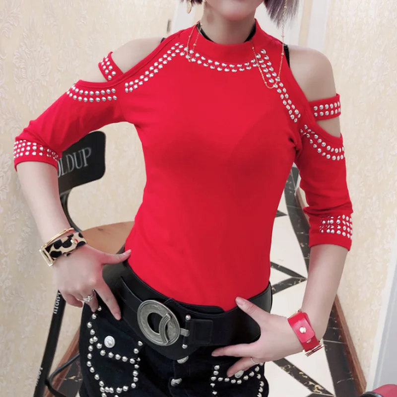 Футболки женские летние топы со стразами в стиле панк рок футболки с