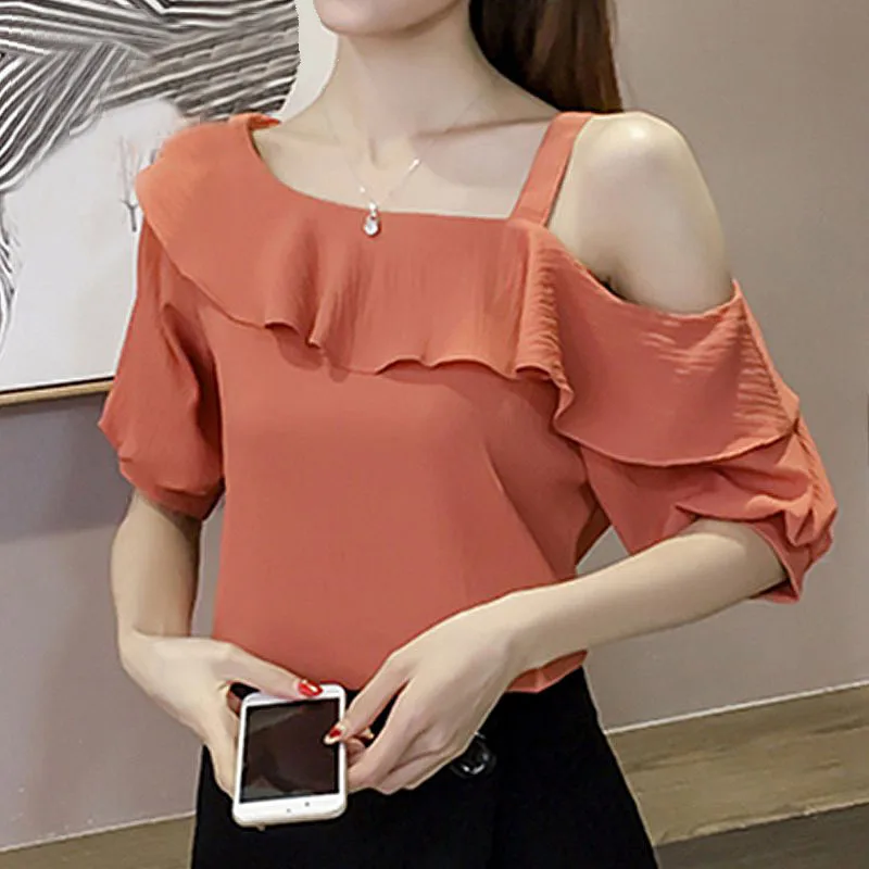 

One Shoulder Top Lady Ruffles Blouse Women Fashion Summer Shirts Casual Chiffon Blouses