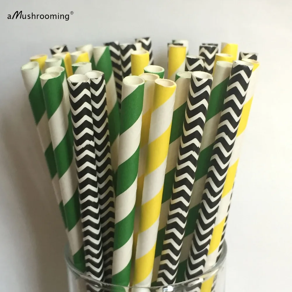 (25 шт./лот) трактор вечерние Бумага соломинки желтый и зеленый цвета в полоску